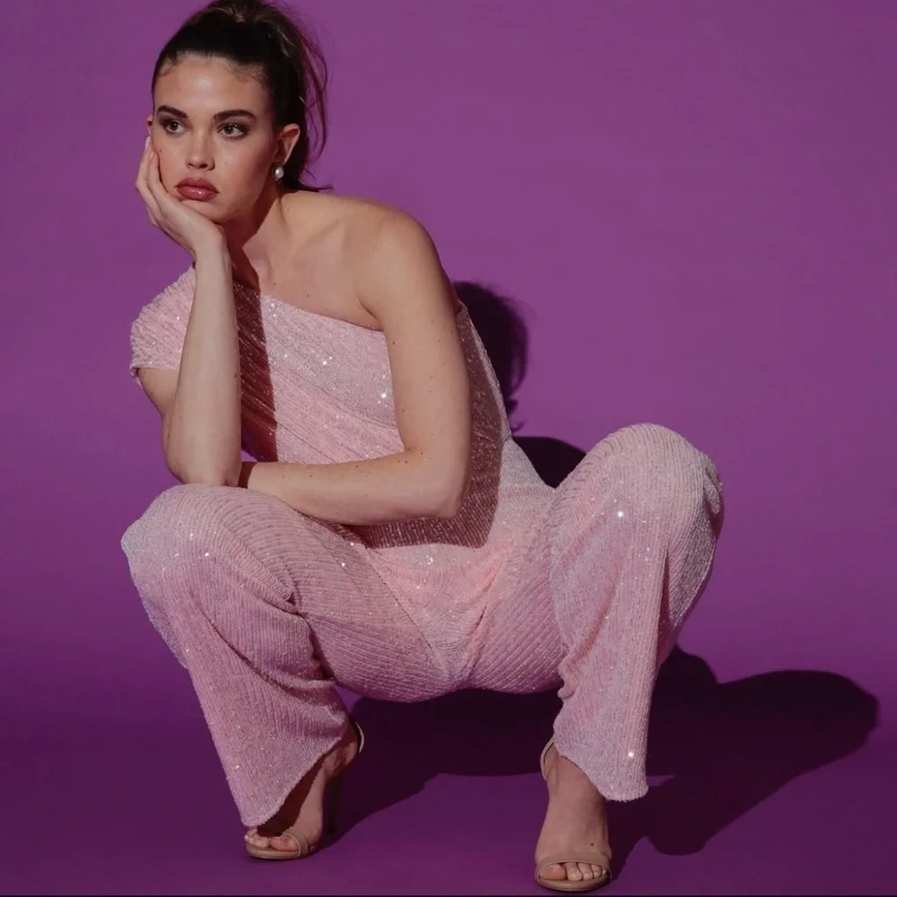 NWT | JAYGODFREY Pink Full-Length One-Shoulder Jumpsuit Size 10 - Picture 4 of 12